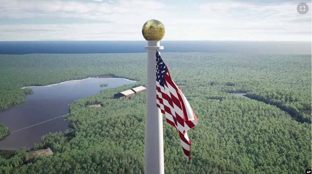 FILE - This image from video provided by the Flagpole of Freedom Park in 2022 shows a rendering of a proposed world's tallest flagpole in Maine. The 10,000-acre plot is in a township overseen by a state agency, neighboring Columbia Falls. (Flagpole of Freedom Park via AP)