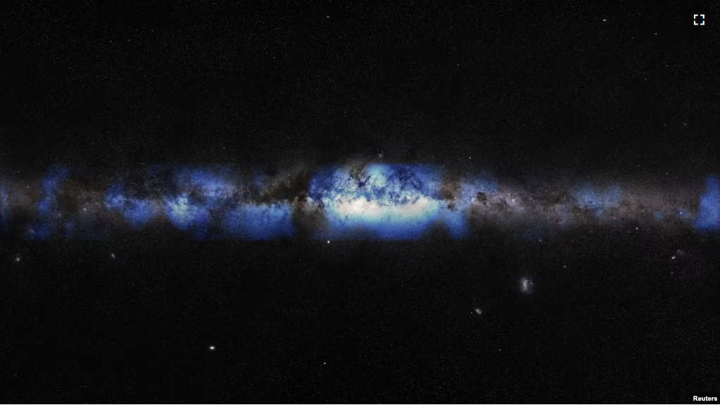 An artist's composition of the Milky Way seen with a neutrino lens (blue) is shown in this undated handout image. (Lily Le & Shawn Johnson)/ESO (S. Brunier)/Handout via REUTERS )