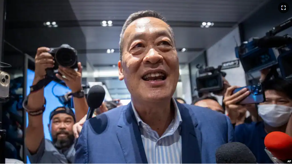 Pheu Thai's prime ministerial candidate Srettha Thavisin who is the sole candidate nominated for a parliamentary vote, speaks to media at the party headquarters in Bangkok, Thailand Tuesday, Aug. 22, 2023. (AP Photo/Wason Wanichakorn)