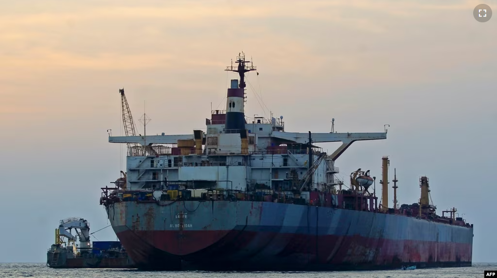 FILE - The FSO Safer oil tanker, is anchored in the Red Sea off the coast of Yemen's contested western province of Hodeida on July 15, 2023. (Photo by MOHAMMED HUWAIS / AFP)