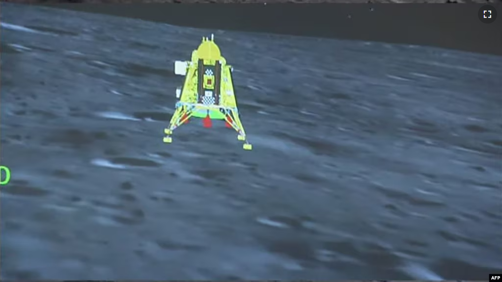 This photo shows the successful lunar landing of Chandrayaan-3 spacecraft on the south pole of the Moon. (AFP PHOTO /HANDOUT/Indian Space Research Organization)