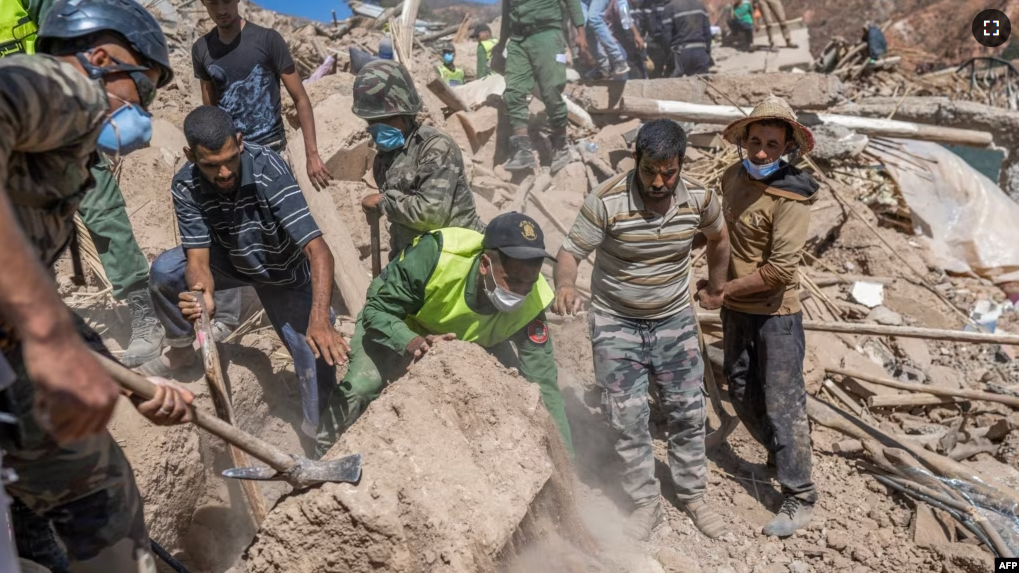 Emergency personnel continue rescue operations in the mountainous area of Tizi N'Test, in the Taroudant province, one of the most devastated in quake-hit Morocco, on September 11, 2023. (Photo by BULENT KILIC / AFP)