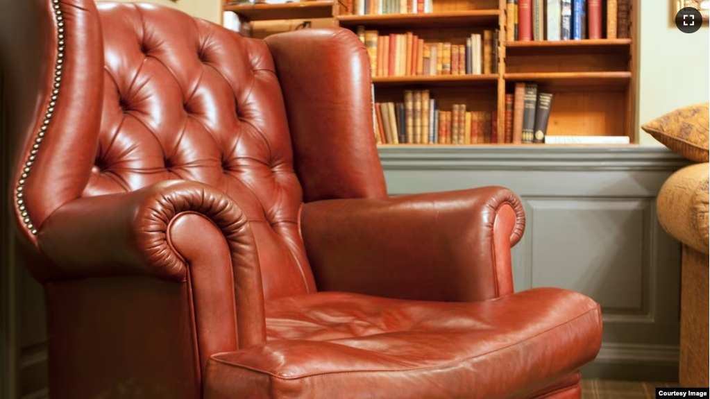 Pictured here is an traditional style armchair in front of some bookshelves.