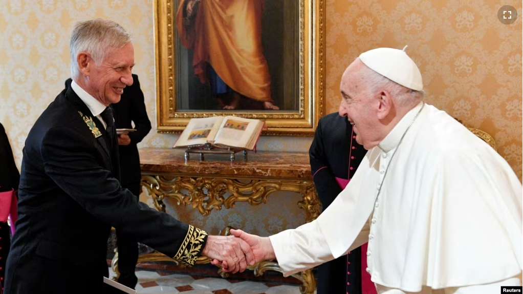 Pope Francis meets with Russian ambassador to the Vatican Ivan Soltanovsky at the Vatican, September 18, 2023. (Vatican Media/­Handout via REUTERS)