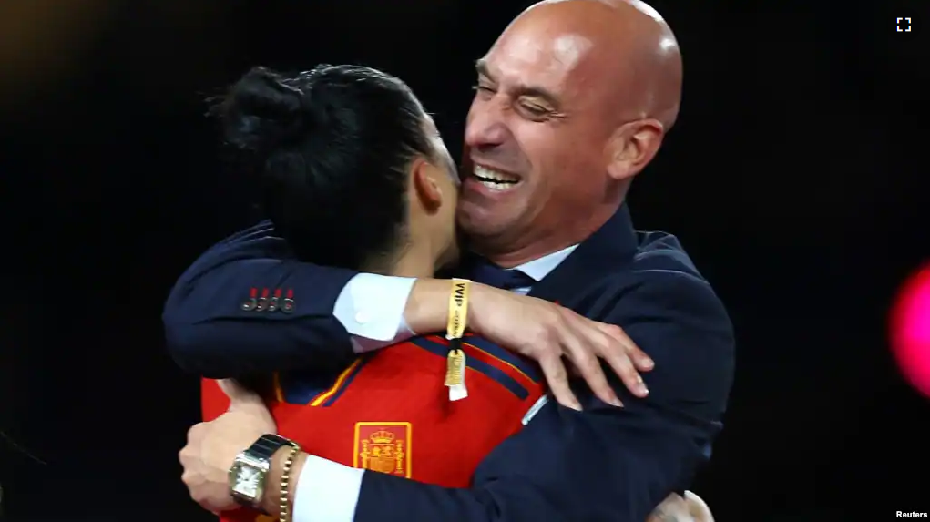 FILE - Spain's Jennifer Hermoso celebrates with President of the Royal Spanish Football Federation Luis Rubiales after the match, August 20, 2023. (REUTERS/Hannah Mckay)