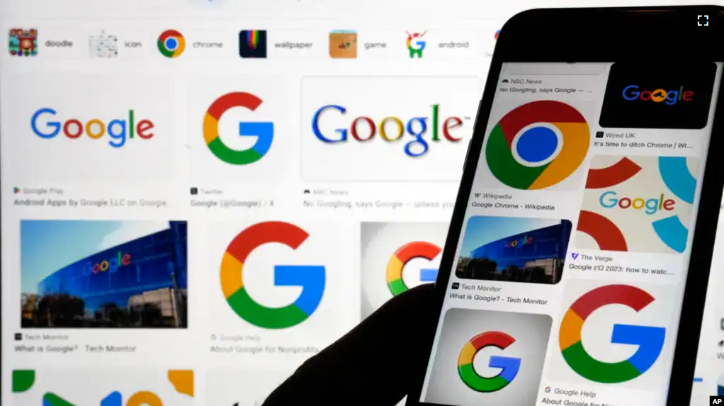 Various Google logos are seen in search results on two devices in New York, Sept. 11, 2023. (AP Photo/Richard Drew)