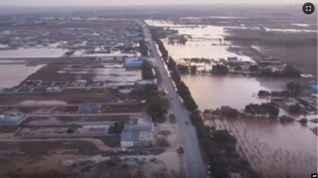 This image taken from video provided by Libya Almasar TV shows flooding in Marj, Libya, Monday, Sept. 11, 2023. (Libya Almasar TV via AP)