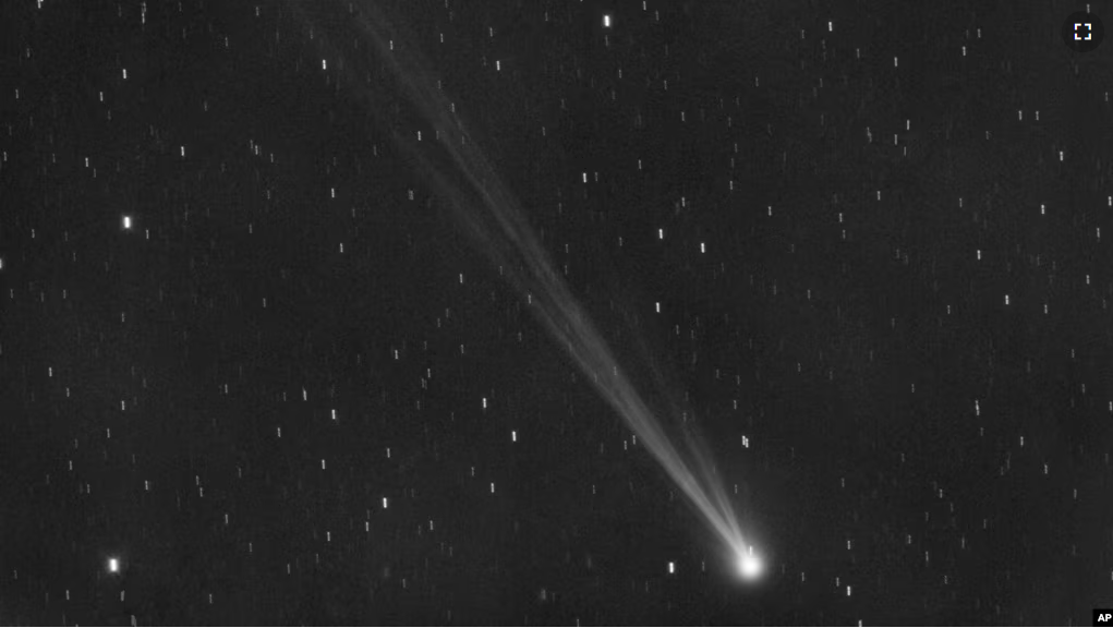 This image provided by Gianluca Masi shows the comet C/2023 P1 Nishimura and its tail seen from Manciano, Italy on Sept. 5, 2023. (Gianluca Masi via AP)