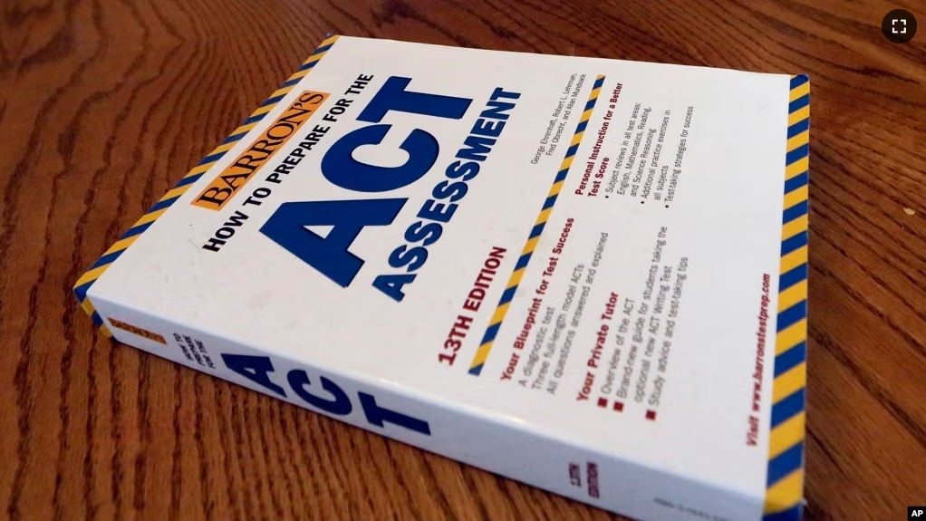 FILE - An ACT Assessment preparation book is seen, April 1, 2014, in Springfield, Ill.