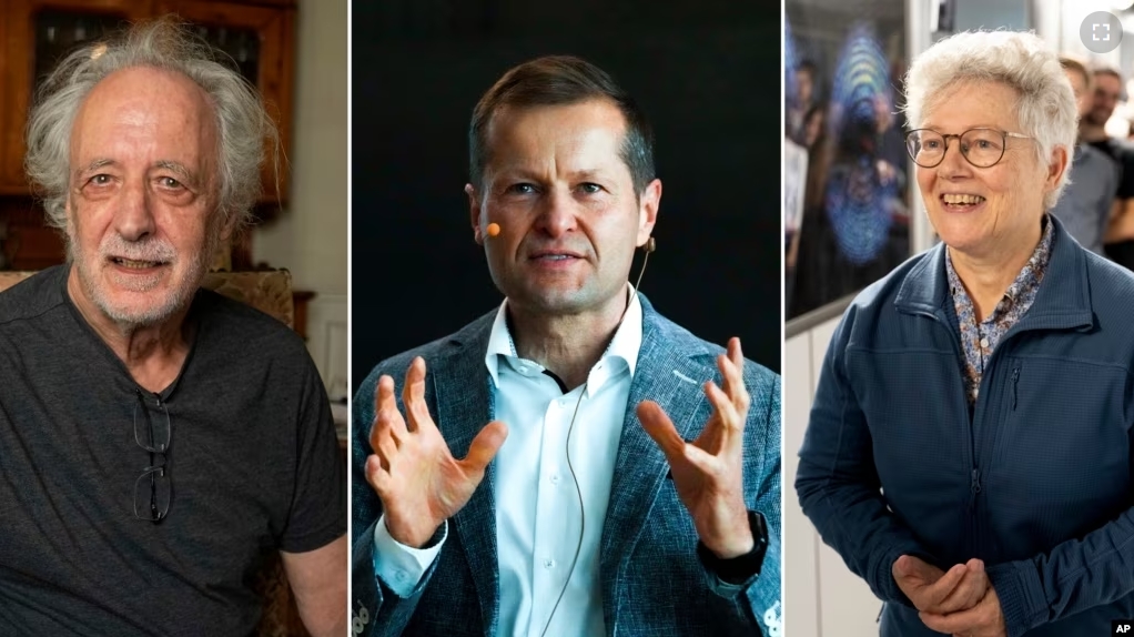 This combo of pictures taken Tuesday, Oct. 3, 2023, shows from left, French scientist Pierre Agostini, Scientist Ferenc Krausz, and French-Swedish physicist Anne L'Huillier. The three scientists won the Nobel Prize in physics. (AP)