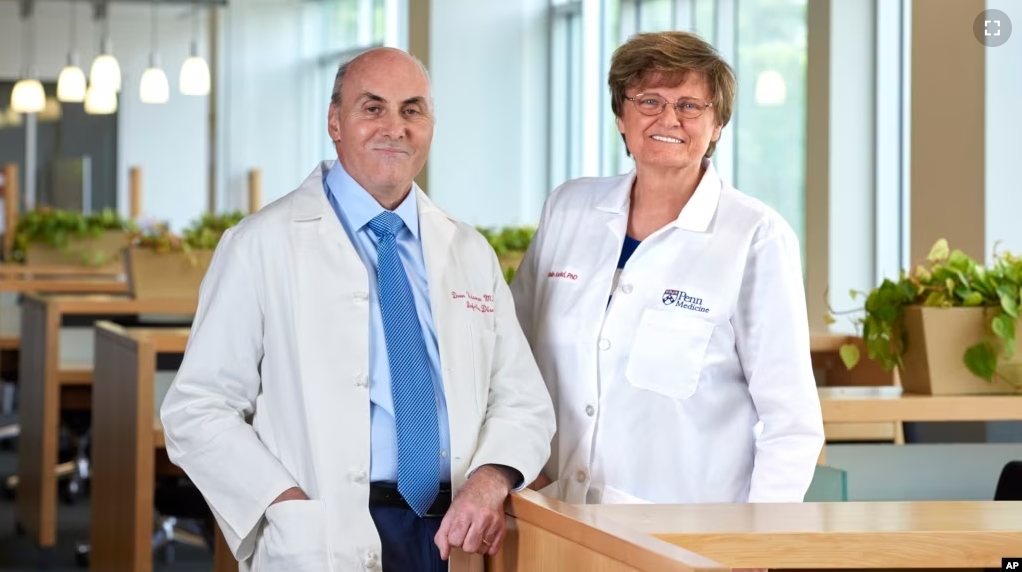 In this undated image provided by Penn Medicine, Katalin Karikó and Drew Weissman pose for a photo at the University of Pennsylvania in Philadelphia. (Peggy Peterson Photography/Penn Medicine via AP)