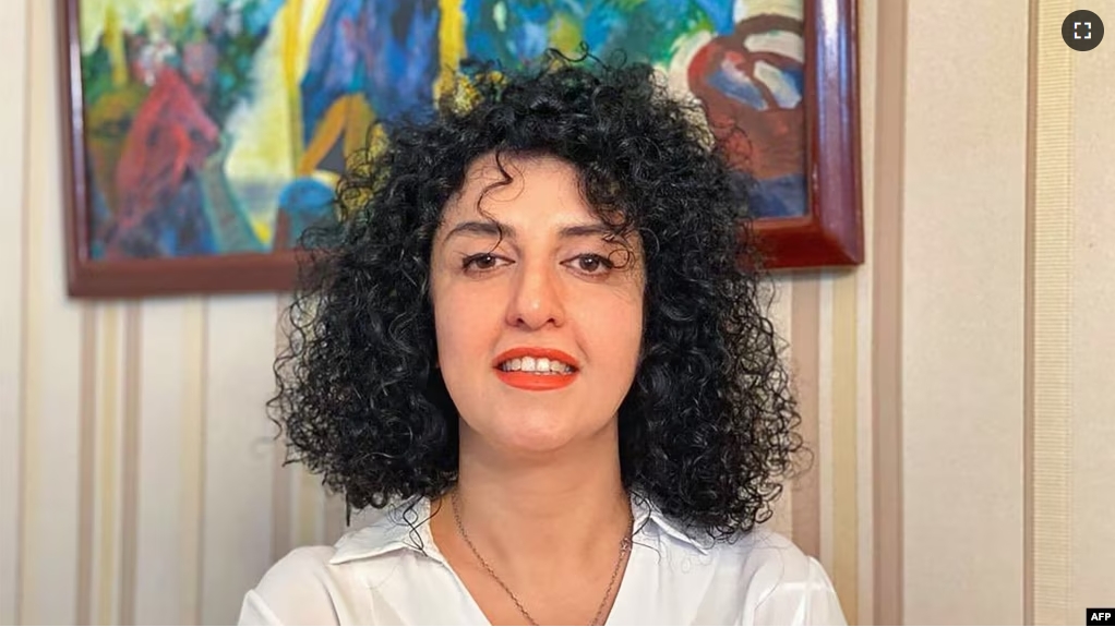 FILE - A handout photo provided by the Narges Mohammadi Foundation on October 2, 2023, shows an undated, unlocated photo of Iranian rights activist Narges Mohammadi.