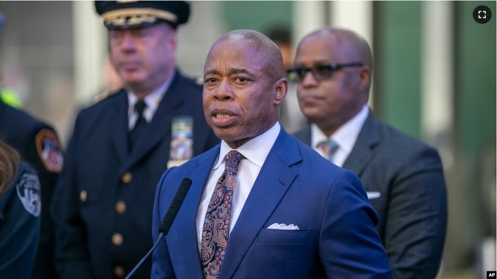 FILE - New York City Mayor Eric Adams speaks in New York's Times Square during a news conference, Dec. 30, 2022. (AP Photo/Ted Shaffrey, File)