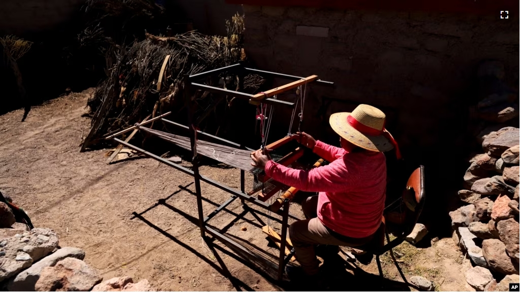 Teófila Challapa weaves on her loom at home in Cariquima, Chile, on July 31, 2023. Challapa, 59, prays before beginning her work: “Mother Earth, give me strength, because you're the one who will produce, not me." (AP Photo/Ignacio Munoz)