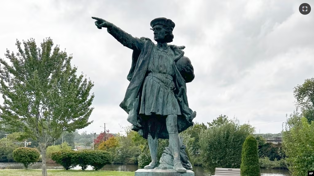 In this photo provided by Johnston, R.I., Mayor Joseph Polisena, Jr., a statue of Christopher Columbus stands in a park Tuesday, Sept. 26, 2023, in Johnston, Rhode Island. (Johnston Mayor Joseph Polisena, Jr. via AP)