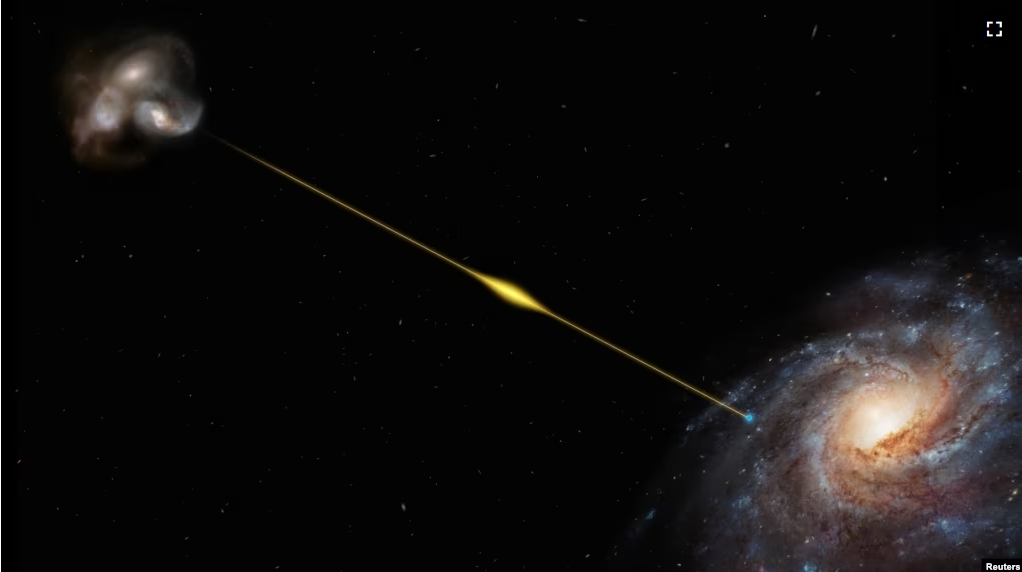 This artist's impression, not to scale, illustrates the path of a fast radio burst from the distant galaxy where it originated all the way to Earth in this handout picture obtained on October 20, 2023. (ESO/M. Kornmesser/Handout via REUTERS)