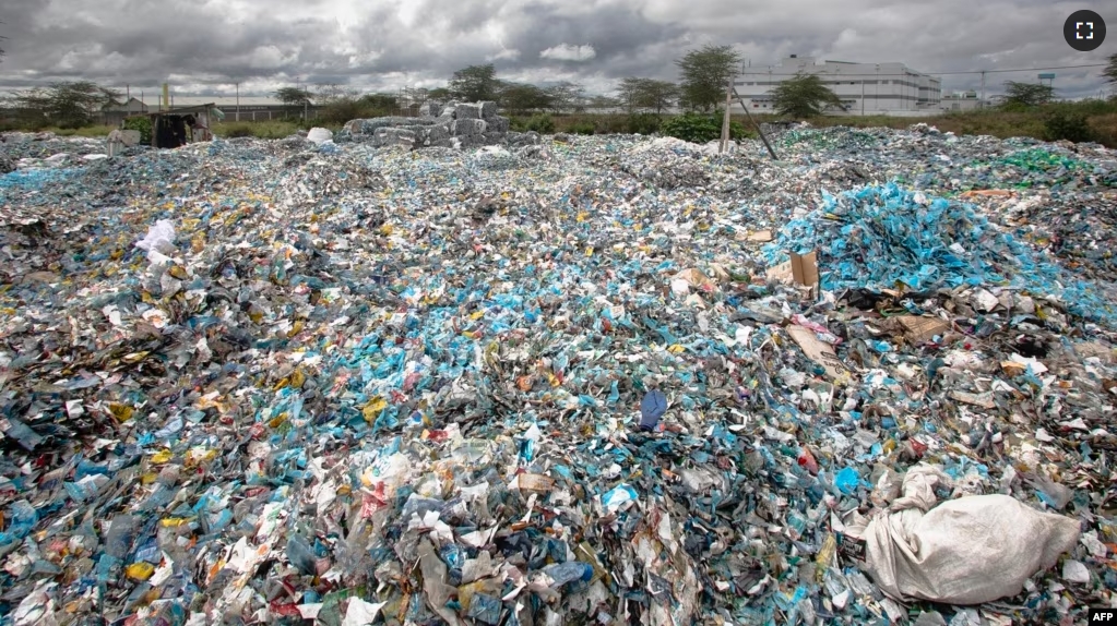 A mound of plastic waste scavenged from various environments including river channels and dump sites sit in the yard at T3 (EPZ) Limited, a recycling and repurposing factory in Athi River town, Machakos county on November 13, 2023. (Photo by Tony KARUMBA / AFP)