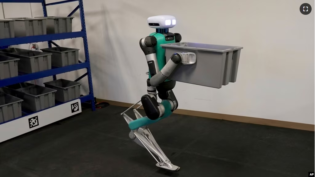 Agility Robotics' robot Digit performs maneuvers at the company's office in Pittsburgh on August 16, 2023. (AP Photo/Matt Freed)