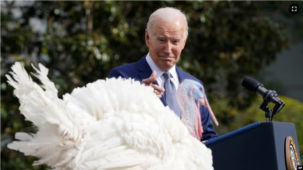 President Joe Biden speaks after pardoning the national Thanksgiving turkey, Liberty, during a pardoning ceremony at the White House in Washington, Monday, Nov. 20, 2023. (AP Photo/Susan Walsh)