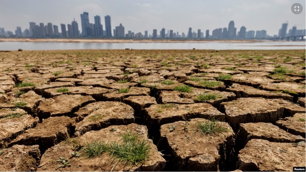 In this file photo, cracks are shown in the partly dried-up river bed of the Gan River, a tributary to Poyang Lake in Nanchang, Jiangxi province, China, August 28, 2022. (REUTERS/Thomas Peter)