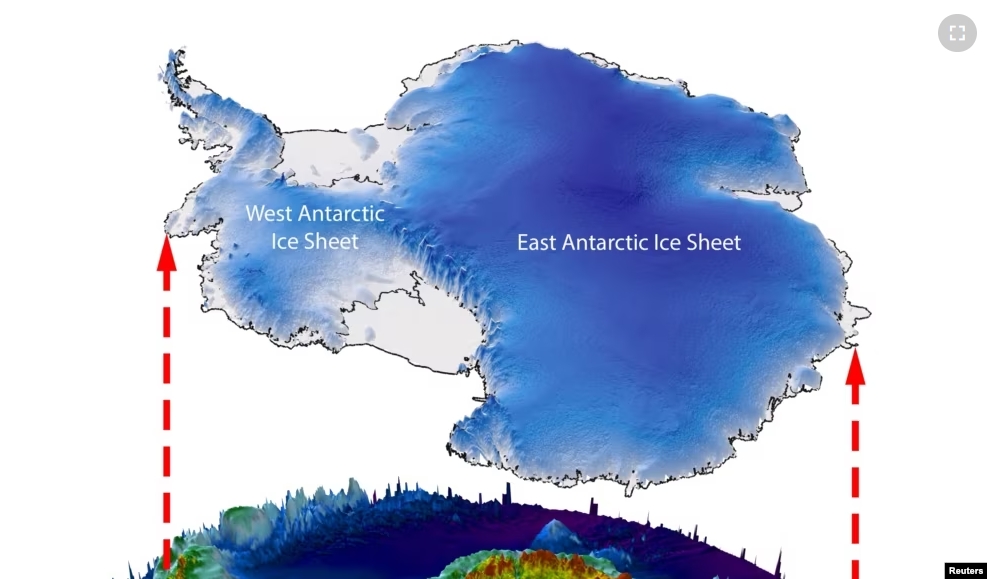 An illustration shows how a landscape the size of Belgium located in Wilkes Land, East Antarctica would appear if the thick ice sheet covering it were lifted away. (Stewart Jamieson, Durham University/Handout via REUTERS)