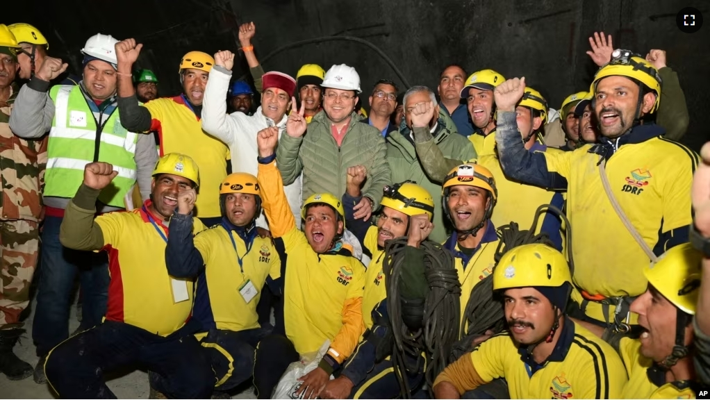 This photo shows the Indian workers pulled out of the tunnel on Tuesday, Nov. 28, 2023. (Uttarakhand State Department of Information and Public Relations via AP)