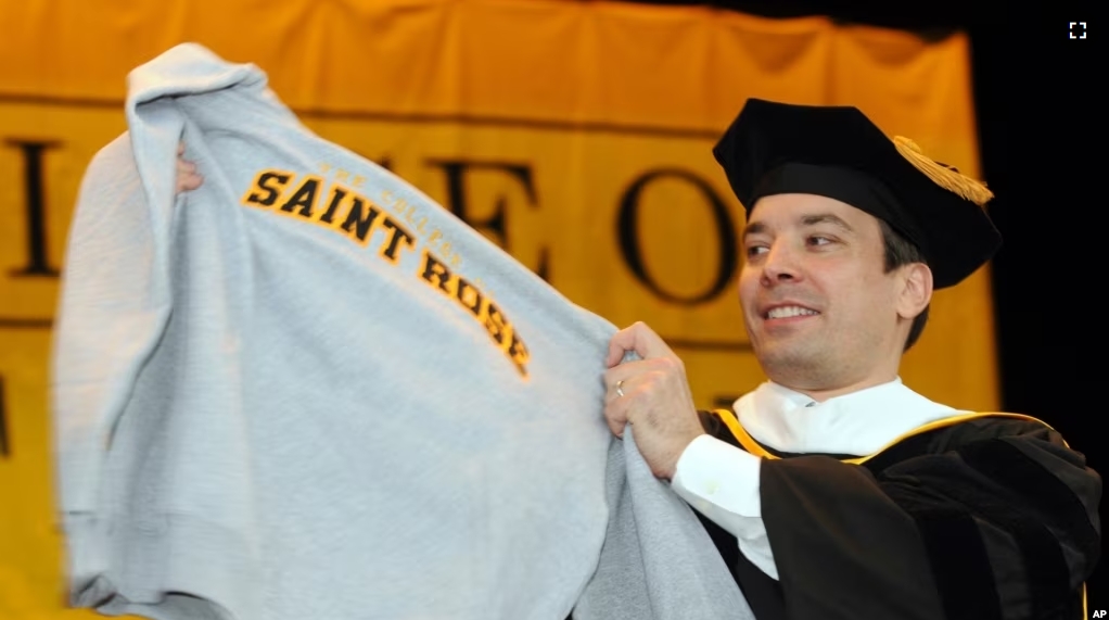 FILE - Jimmy Fallon attends the College of Saint Rose graduation in 2009. The college will close in May 2024 after years of financial struggles, officials said. (AP Photo/Hans Pennink, File)