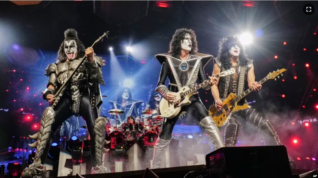 Gene Simmons, left, Tommy Thayer and Paul Stanley of KISS perform during the final night of the "Kiss Farewell Tour" on Saturday, Dec. 2, 2023, at Madison Square Garden in New York. (Photo by Evan Agostini/Invision/AP)