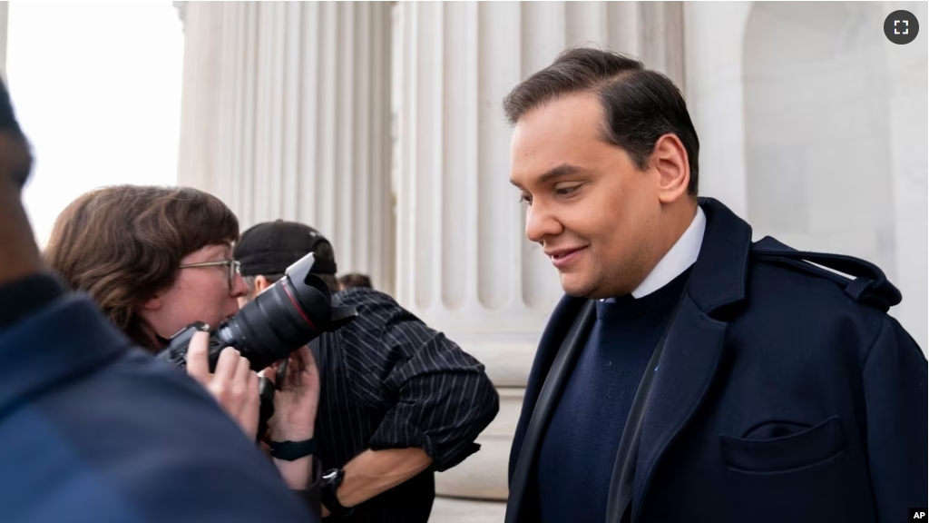 Rep. George Santos, R-N.Y., leaves the Capitol after being expelled from the House of Representatives, Friday, Dec. 1, 2023, in Washington. (AP Photo/Stephanie Scarbrough)