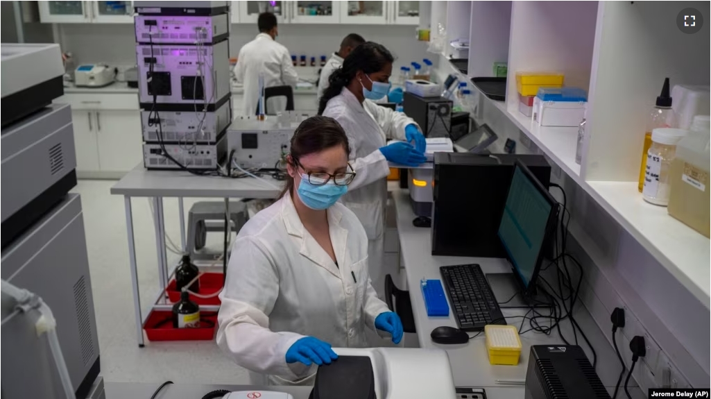 FILE - Scientists conduct reserach at an Afrigen Biologics and Vaccines facility in Cape Town, South Africa, Tuesday Oct. 19, 2021. (AP Photo/Jerome Delay, File)