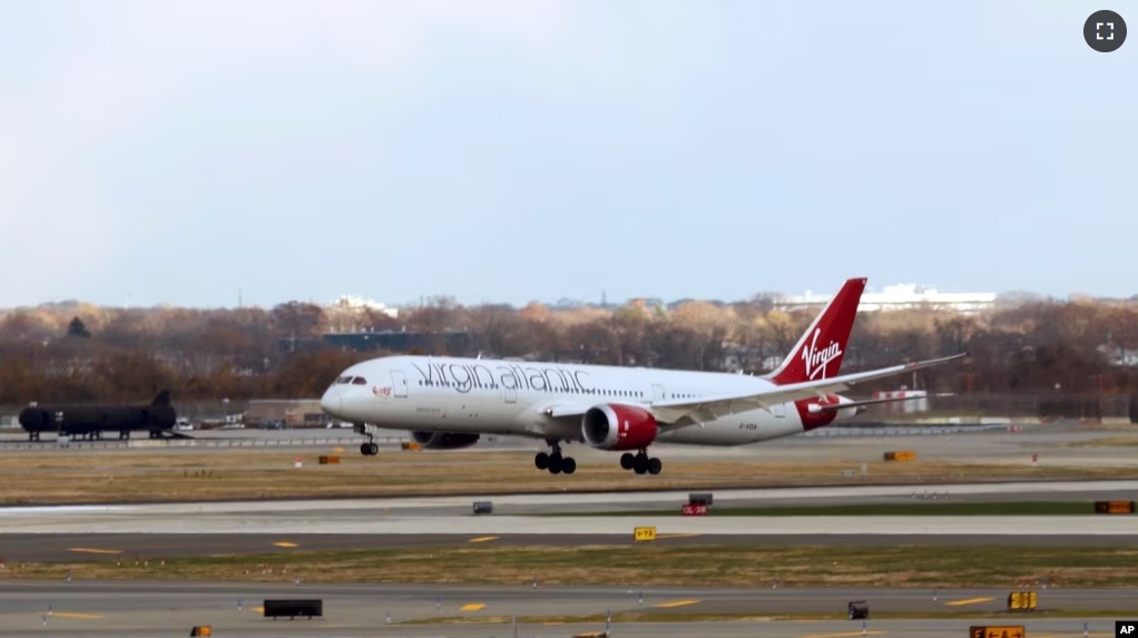 Virgin Atlantic's Flight100 Lands at JFK Airport in New York City from London Heathrow, Tuesday, Nov. 28, 2023 in New York. (Jason DeCrow/AP Images for Virgin Atlantic Airways Ltd)