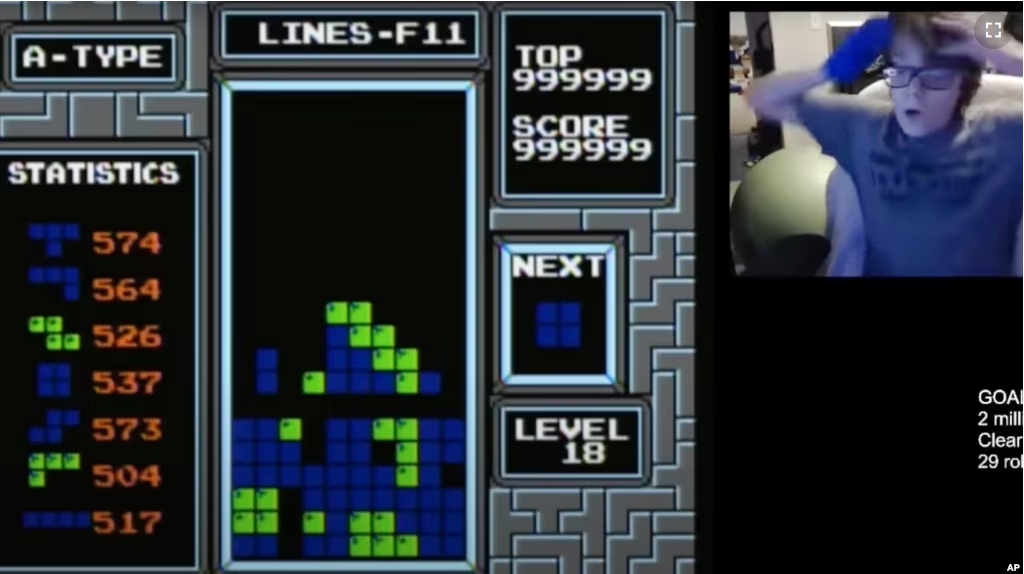 In this image taken from video, 13-year-old Willis Gibson reacts after beating the video game Tetris. (Willis Gibson via AP)