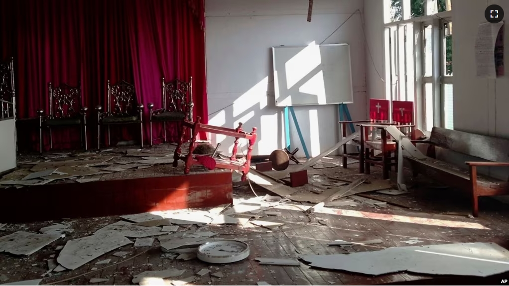 Debris is seen in the St. Peter Baptist Church-Kanan, which was struck by the suspected military's aerial attacks in Kanan village, Khampat town, Sagaing region on Jan. 8, 2024. (David Htan via AP)
