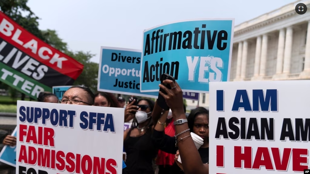 FILE - Demonstrators protest outside of the Supreme Court in Washington, DC on June 29, 2023, after the Supreme Court struck down affirmative action in college admissions, saying race cannot be a factor. (AP Photo/Jose Luis Magana, File)