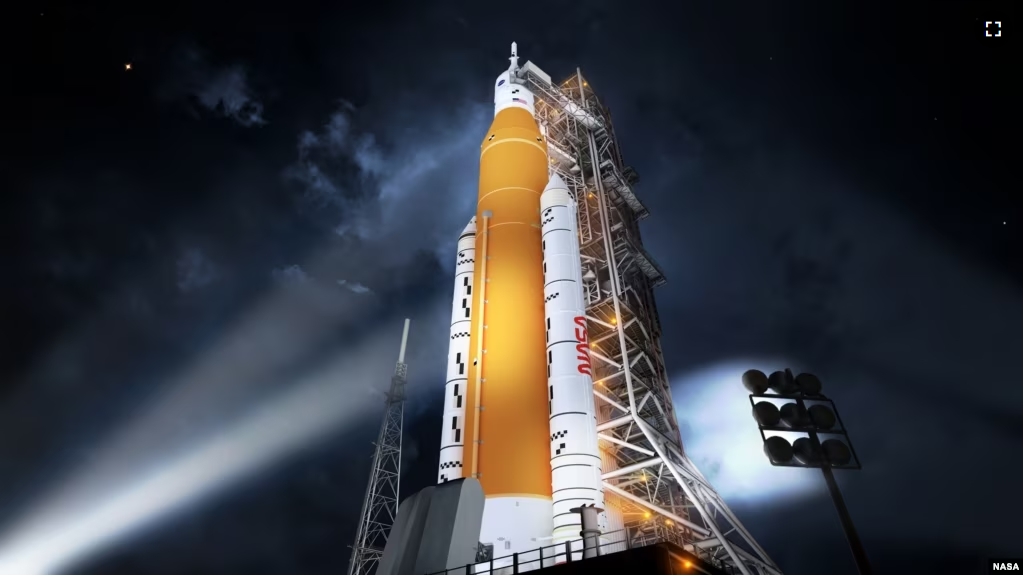 This illustration shows NASA’s new rocket, the Space Launch System (SLS), in its Block 1 crew vehicle setup that will send astronauts to the Moon on the Artemis missions.