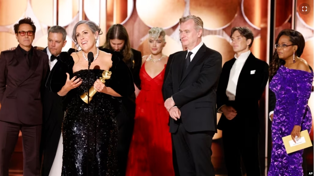 Producer Emma Thomas accepts best motion picture drama award for "Oppenheimer" during the 81st Annual Golden Globe Awards in Beverly Hills, Calif., on Sunday, Jan. 7, 2024. (Sonja Flemming/CBS via AP)