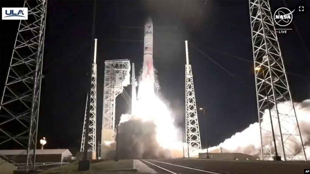 In this image made from NASA video, United Launch Alliance’s Vulcan rocket with Astrobotic Technology's lander onboard is launched from Cape Canaveral Space Force Station in Florida, Monday, Jan 8, 2024. (NASA via AP)