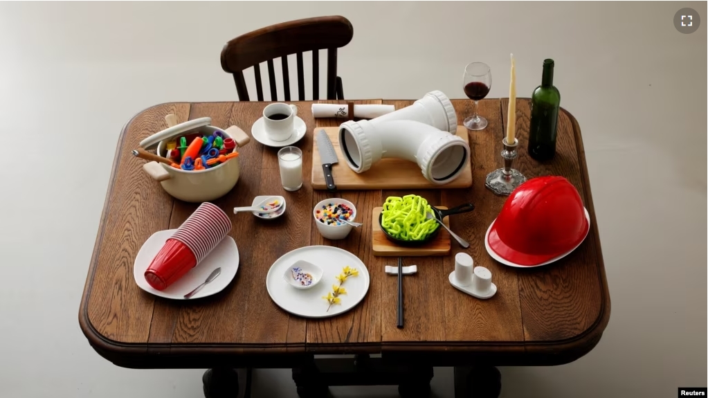 Various plastic goods weighing 3.15 kilograms, which is equivalent to the amount of plastic that someone could eat in ten years, are displayed on a table in this illustration taken in Tokyo, Japan, March 31, 2020. (REUTERS/Kim Kyung-Hoon/Illustration)