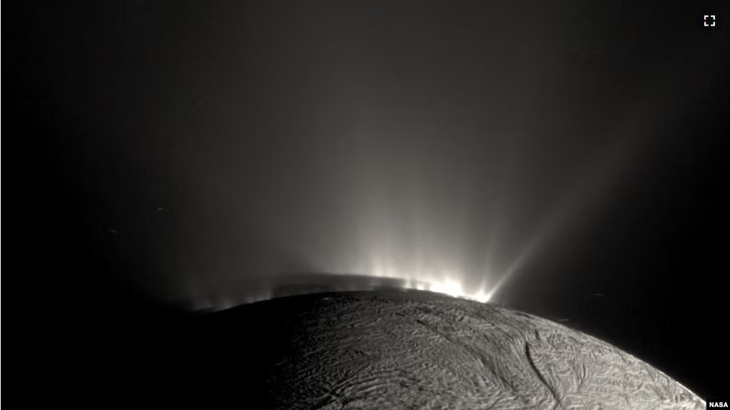 Water from the subsurface ocean of Saturn’s moon Enceladus sprays from huge fissures out into space. (Image Credit: NASA/JPL-Caltech/Space Science Institute)