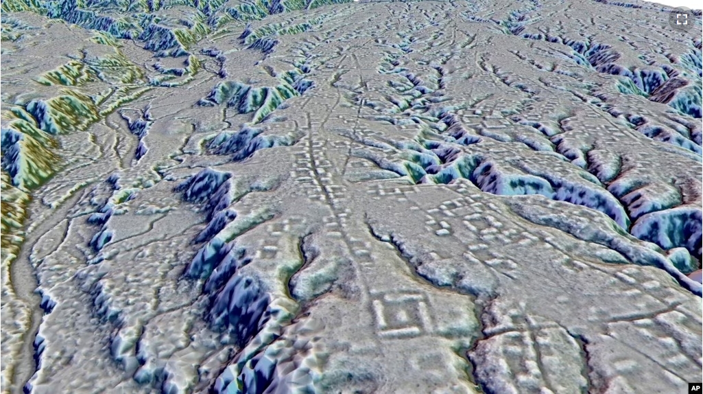 This LIDAR image provided by researchers in January 2024 shows complexes of rectangular platforms arranged around low squares and distributed along wide dug streets at the Kunguints site, Upano Valley in Ecuador. (Antoine Dorison, Stéphen Rostain via AP)