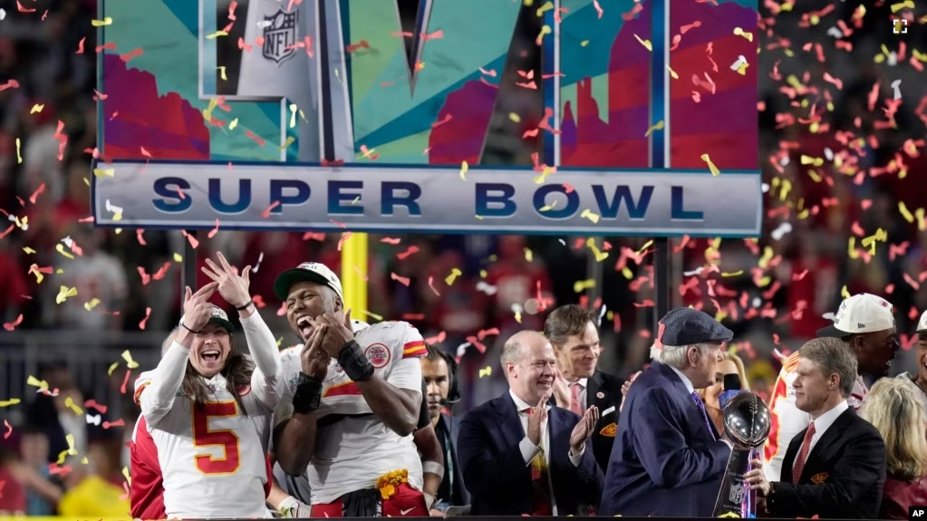 FILE - Kansas City Chiefs players and staff celebrate after the NFL Super Bowl 57 football game against the Philadelphia Eagles, February 12, 2023, in Glendale, Arizona. (AP Photo/Seth Wenig)