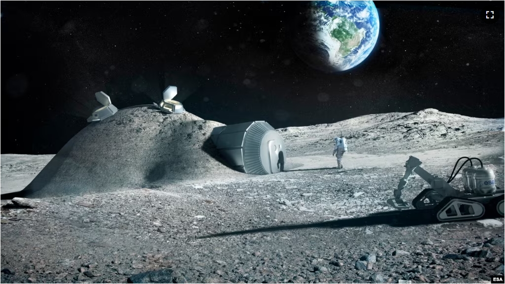 This illustration created by the European Space Agency (ESA) shows how a future moon base could be set up, with structures built with 3D printer technology. Industrial partners including architectural company Foster+Partners joined ESA to test the possibi