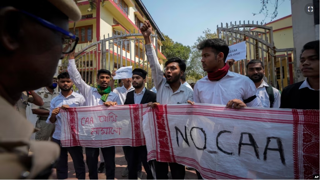 Students protest against the Citizenship Amendment Act (CAA) in Guwahati, India, Tuesday, March 12, 2024. (AP Photo/Anupam Nath)