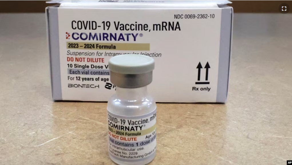 This file images shows Comirnaty, a new Pfizer/BioNTech vaccination booster for COVID-19, is displayed at a pharmacy in Orlando, Fla., on Friday, Sept. 15, 2023. (Joe Burbank/Orlando Sentinel via AP)