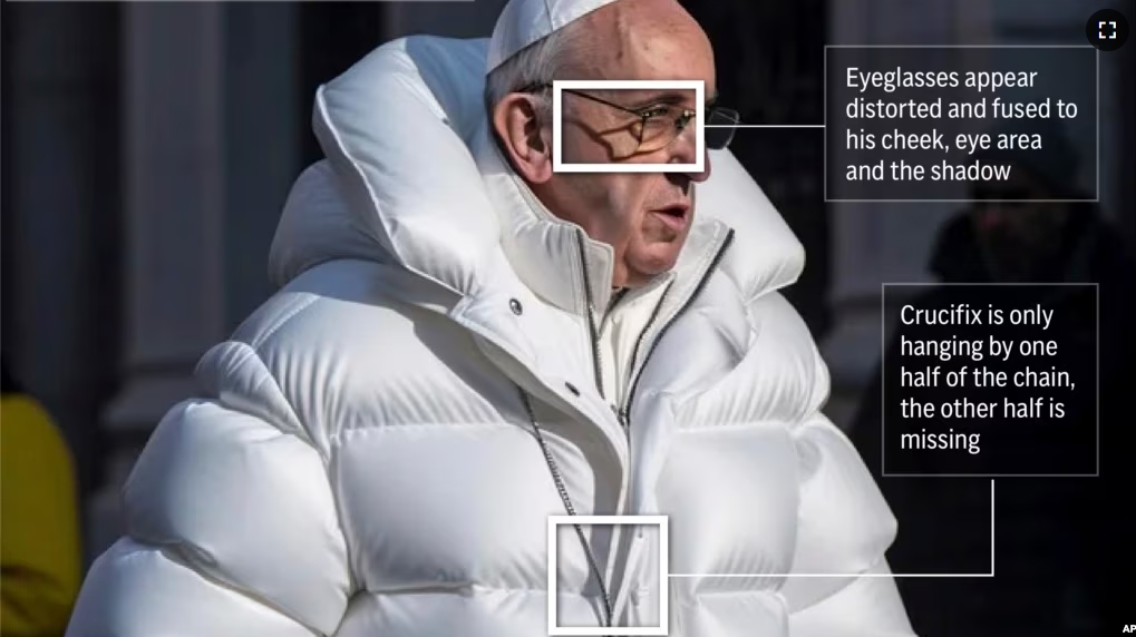 The following photo-illustrated graphic highlights a few notable areas of an AI-deepfake of Pope Francis. (AP)