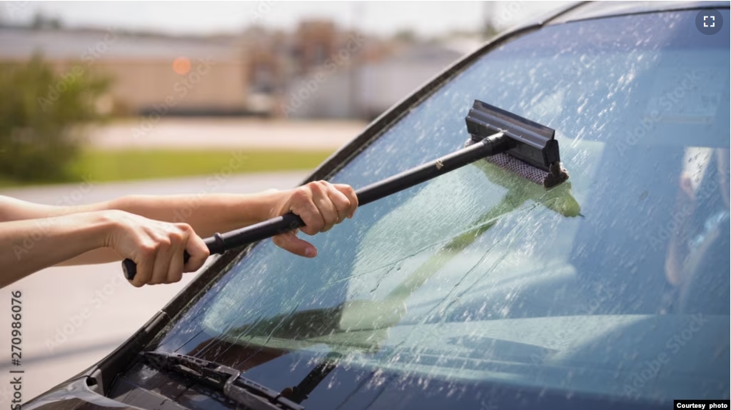 FILE - A girl washes dead insects from the windshield of the car. (Photo by goodmoments via Adobe Stock)