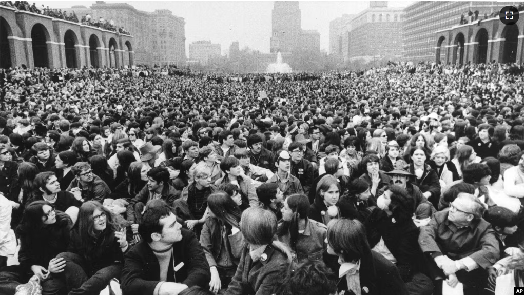 FILE - An estimated 7,000 persons jam a quadrangle at the Independence Mall in Philadelphia, during Earth Week activities celebrating the eve of Earth Day, April 22, 1970. (AP Photo)