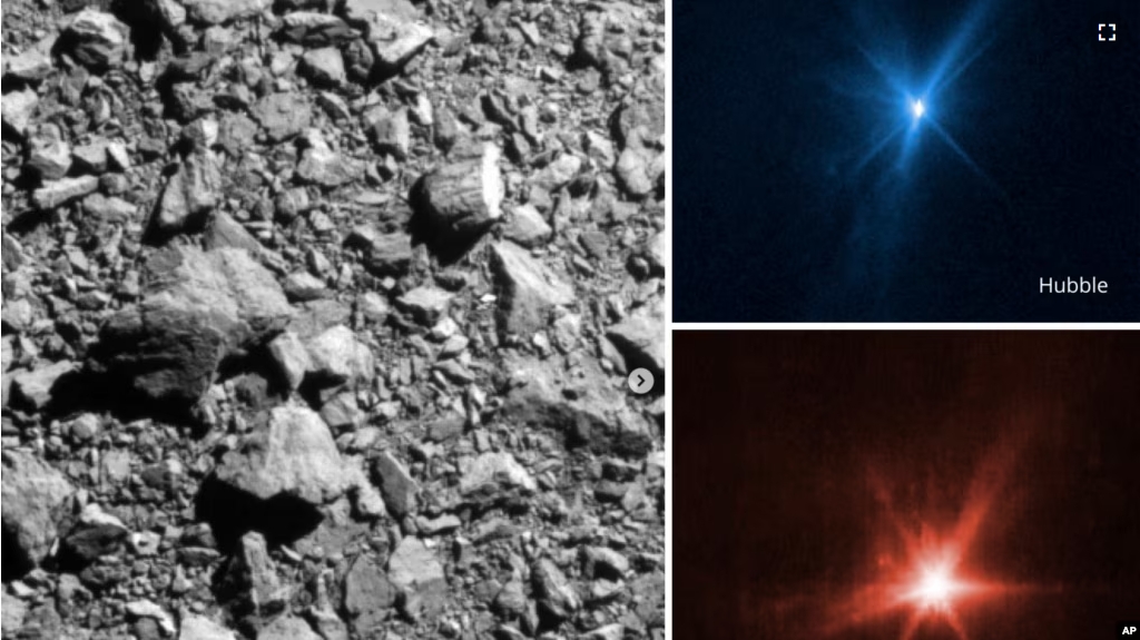 FILE - This combination of images provided by NASA shows three different views of the DART spacecraft's impact on the asteroid Dimorphos on Monday, Sept. 26, 2022. (NASA via AP)