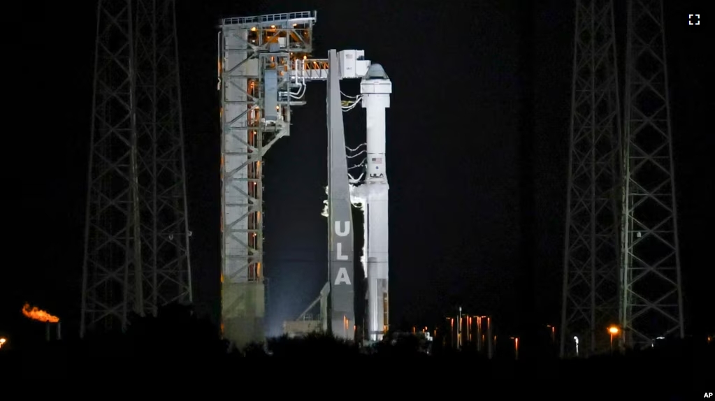 Boeing's Starliner capsule atop an Atlas V rocket is seen at the Cape Canaveral Space Force Station, late Monday, May 6, 2024, in Cape Canaveral, Fla. (AP Photo/Terry Renna)