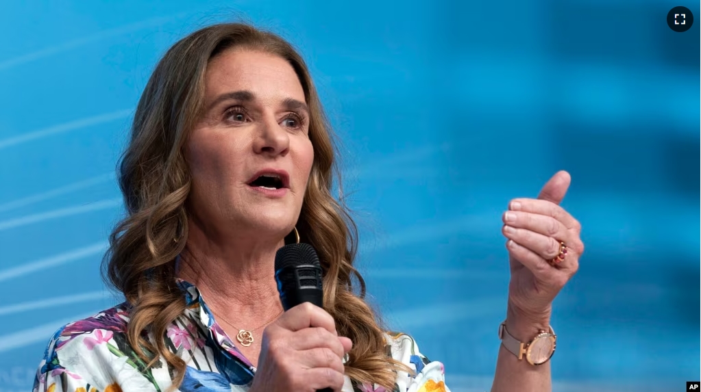 FILE - Co-chair of the Bill & Melinda Gates Foundation Melinda French Gates speaks at the forum Empowering Women as Entrepreneurs and Leaders during the World Bank/IMF Spring Meetings in Washington, on April 13, 2023. (AP Photo/Jose Luis Magana, File)